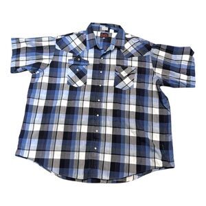 Plaid Big Man Western Shirt 3X By Plains Western Wear Blue & Black Pearl Snap